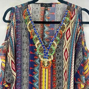 Melissa Paige Beaded Cold Shoulder Tribal Print Sheer Blouse Size M